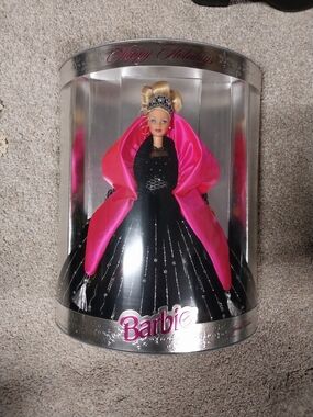 1998 Barbie Happy Holidays Doll in Black Gown with Hot Pink Shawl